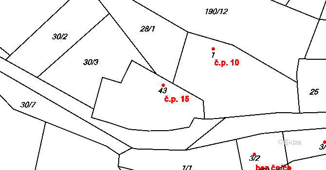 Blehov 15, Zhoř na parcele st. 43 v KÚ Blehov, Katastrální mapa