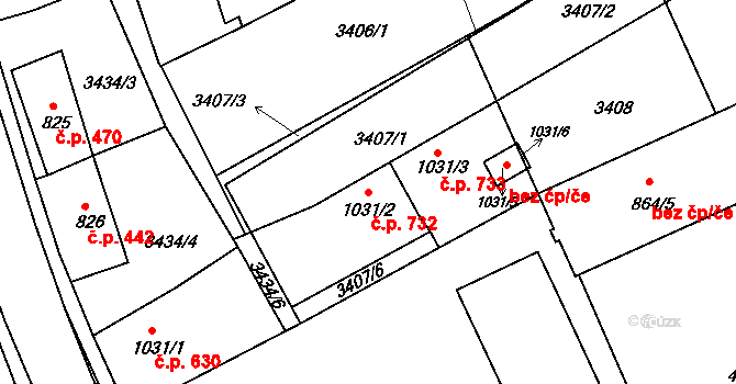 Valašské Klobouky 732 na parcele st. 1031/2 v KÚ Valašské Klobouky, Katastrální mapa