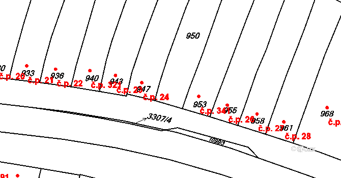 Hluk 25 na parcele st. 950 v KÚ Hluk, Katastrální mapa