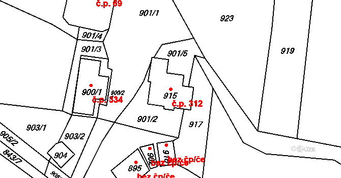 Horní Jasenka 312, Vsetín na parcele st. 915 v KÚ Jasenka, Katastrální mapa