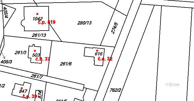 Třemošnice 32 na parcele st. 616 v KÚ Třemošnice nad Doubravou, Katastrální mapa
