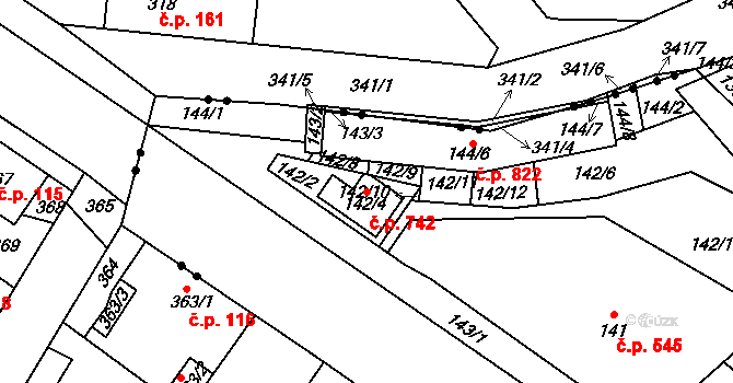 Libčice nad Vltavou 742 na parcele st. 142/4 v KÚ Letky, Katastrální mapa