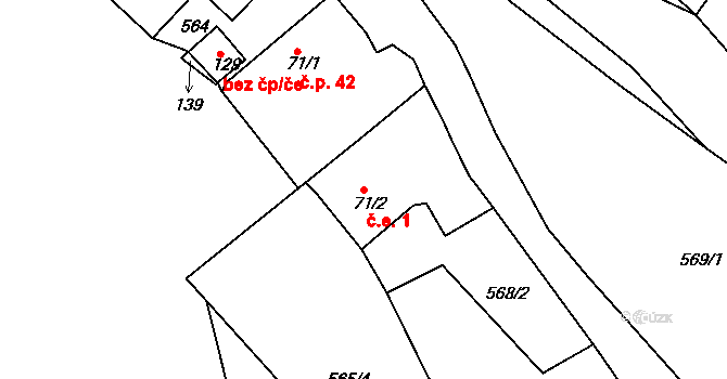 Kamenec 1 na parcele st. 71/2 v KÚ Kamenec u Radnic, Katastrální mapa