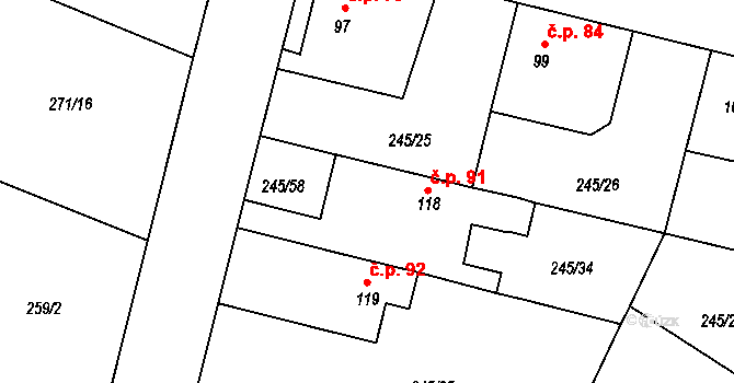 Valy 91 na parcele st. 118 v KÚ Valy nad Labem, Katastrální mapa