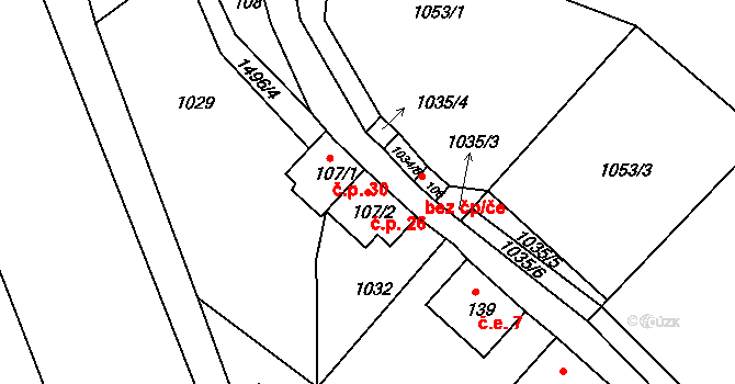 Soutěsky 26, Malá Veleň na parcele st. 107/2 v KÚ Malá Veleň, Katastrální mapa