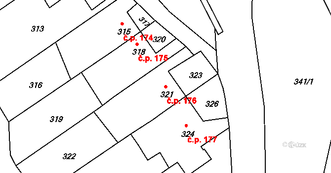Olomučany 176 na parcele st. 321 v KÚ Olomučany, Katastrální mapa