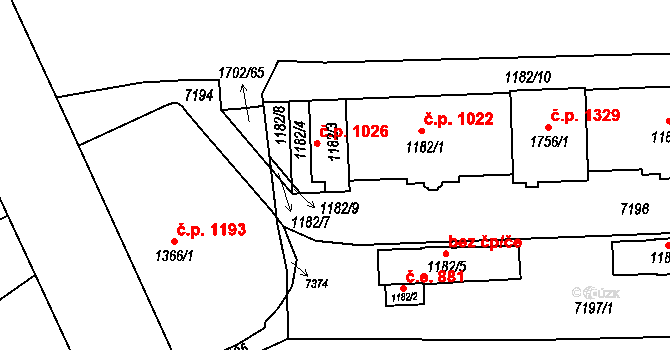 Žatec 1026 na parcele st. 1182/3 v KÚ Žatec, Katastrální mapa