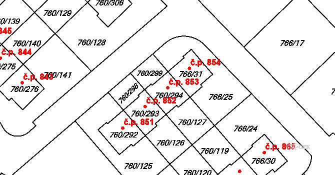 Letňany 853, Praha na parcele st. 760/294 v KÚ Letňany, Katastrální mapa