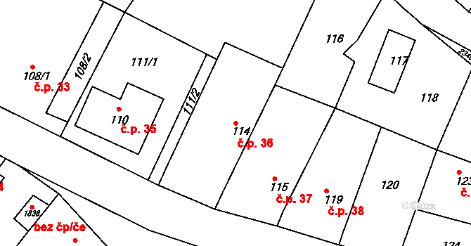 Popice 36, Znojmo na parcele st. 114 v KÚ Popice u Znojma, Katastrální mapa