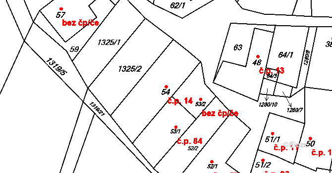Střelice 14 na parcele st. 54 v KÚ Střelice u Jevišovic, Katastrální mapa