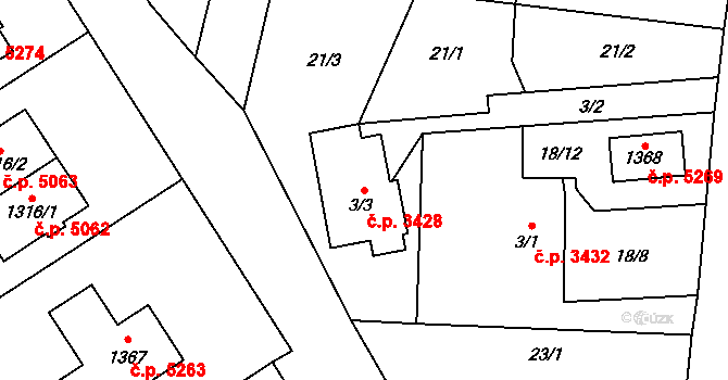 Jihlava 3428 na parcele st. 3/3 v KÚ Bedřichov u Jihlavy, Katastrální mapa