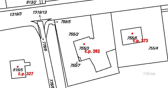 Dolní Líštná 262, Třinec na parcele st. 755/3 v KÚ Dolní Líštná, Katastrální mapa