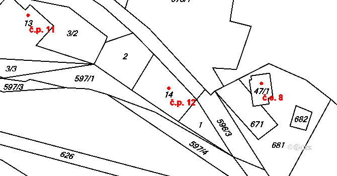 Skalka 12, Blíževedly na parcele st. 14 v KÚ Skalka u Blíževedel, Katastrální mapa