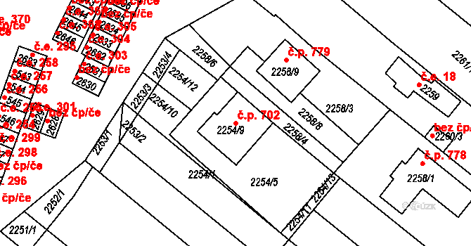 Veverská Bítýška 702 na parcele st. 2254/9 v KÚ Veverská Bítýška, Katastrální mapa