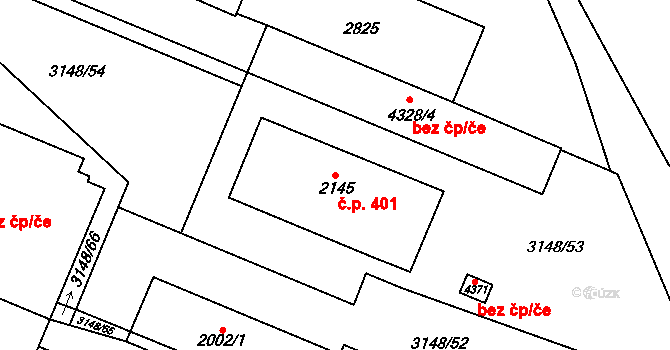 Kyjov 401 na parcele st. 2145 v KÚ Kyjov, Katastrální mapa