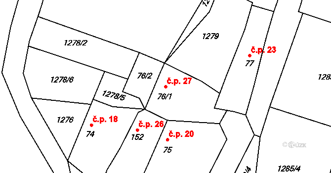 Růžkovy Lhotice 27, Čechtice na parcele st. 76/1 v KÚ Černičí, Katastrální mapa