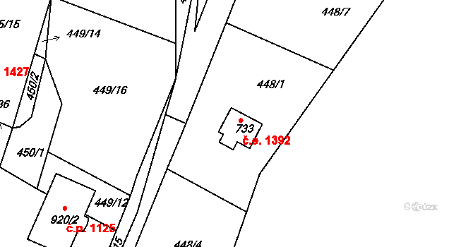 Ládví 1392, Kamenice na parcele st. 733 v KÚ Ládví, Katastrální mapa