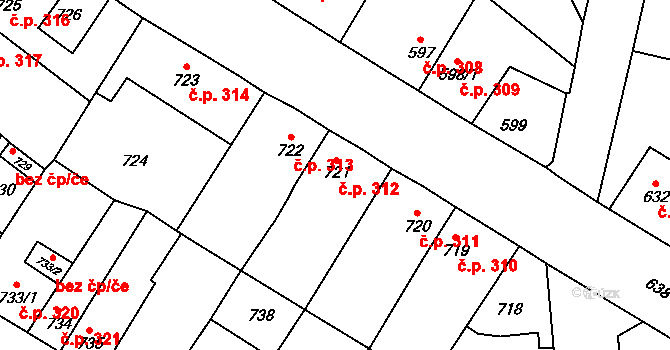 Kosmonosy 312 na parcele st. 721 v KÚ Kosmonosy, Katastrální mapa