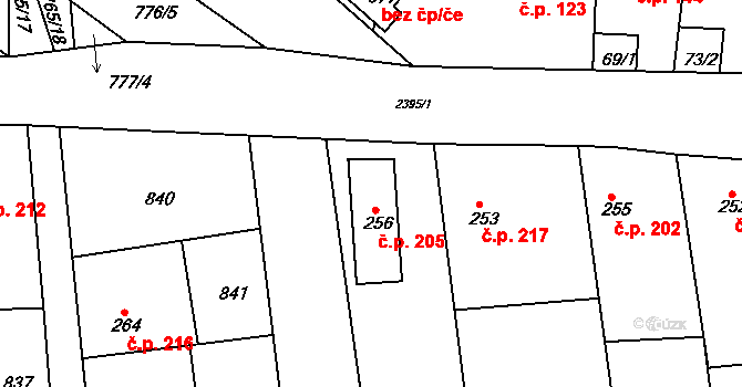 Hudlice 205 na parcele st. 256 v KÚ Hudlice, Katastrální mapa