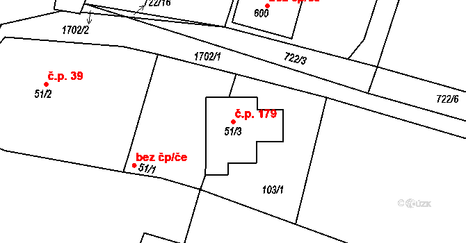 Třtice 179 na parcele st. 51/3 v KÚ Třtice u Nového Strašecí, Katastrální mapa