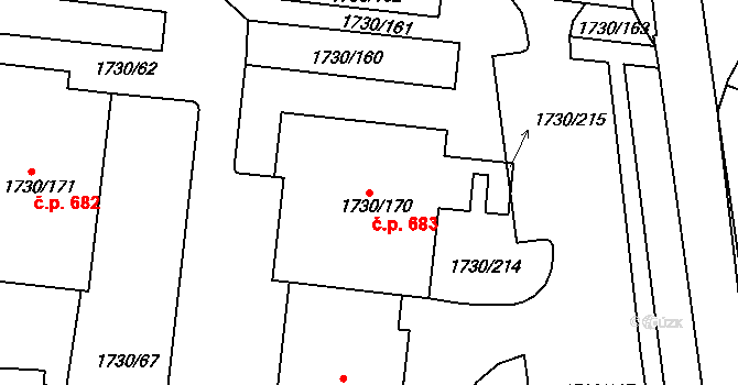 Miřetice u Klášterce nad Ohří 683, Klášterec nad Ohří na parcele st. 1730/170 v KÚ Miřetice u Klášterce nad Ohří, Katastrální mapa