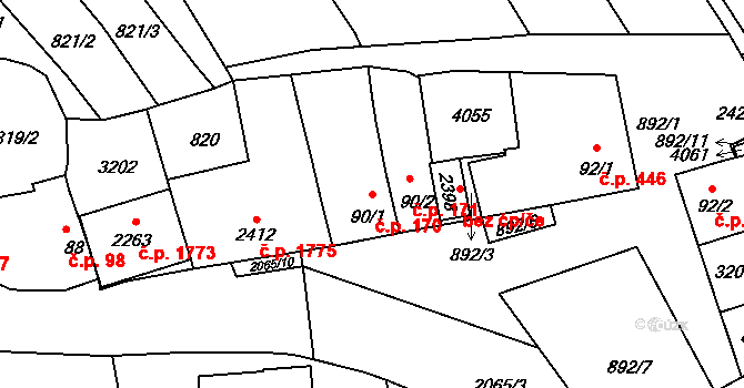 Mařatice 170, Uherské Hradiště na parcele st. 90/1 v KÚ Mařatice, Katastrální mapa