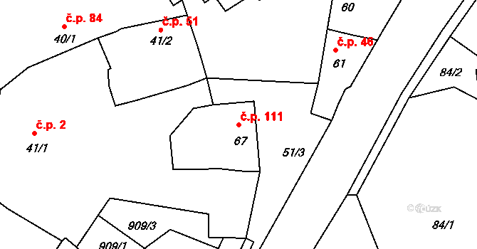 Zeměchy 111, Jimlín na parcele st. 67 v KÚ Zeměchy u Loun, Katastrální mapa