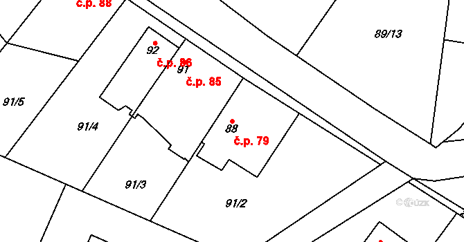 Hradešín 79 na parcele st. 88 v KÚ Hradešín, Katastrální mapa