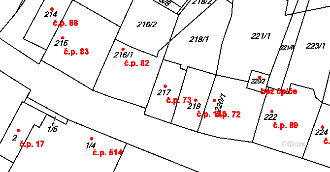 Řeporyje 73, Praha na parcele st. 217 v KÚ Řeporyje, Katastrální mapa