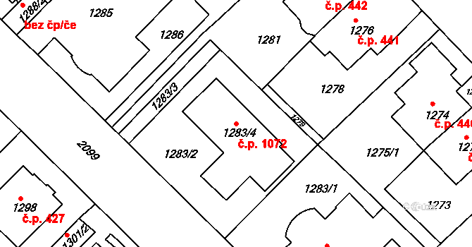 Bubeneč 1072, Praha na parcele st. 1283/4 v KÚ Bubeneč, Katastrální mapa