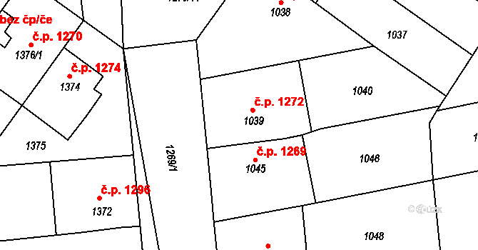 Šlapanice 1272 na parcele st. 1039 v KÚ Šlapanice u Brna, Katastrální mapa