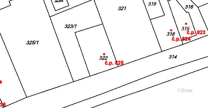 Fryštát 825, Karviná na parcele st. 322 v KÚ Karviná-město, Katastrální mapa