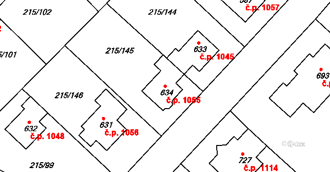 Rudná 1055 na parcele st. 634 v KÚ Hořelice, Katastrální mapa