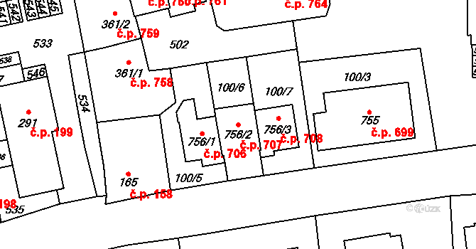 Horoměřice 707 na parcele st. 756/2 v KÚ Horoměřice, Katastrální mapa