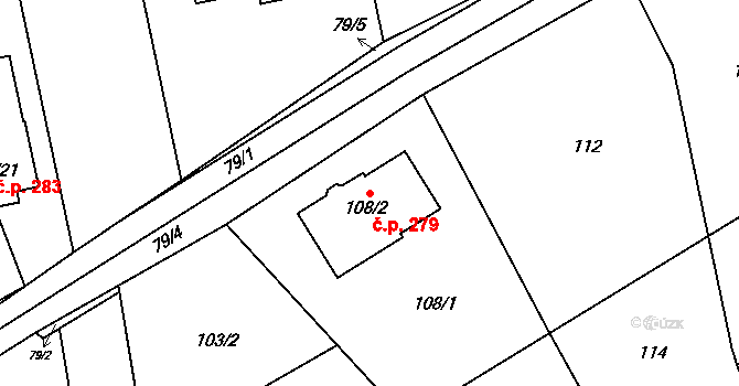 Charváty 279 na parcele st. 108/2 v KÚ Charváty, Katastrální mapa