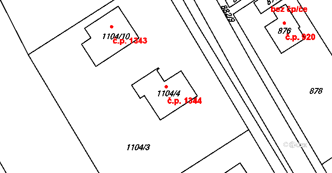 Bystřice 1344 na parcele st. 1104/4 v KÚ Bystřice nad Olší, Katastrální mapa