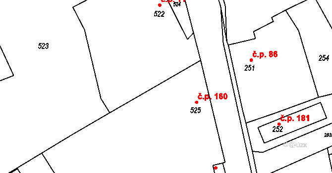 Podomí 160 na parcele st. 525 v KÚ Podomí, Katastrální mapa