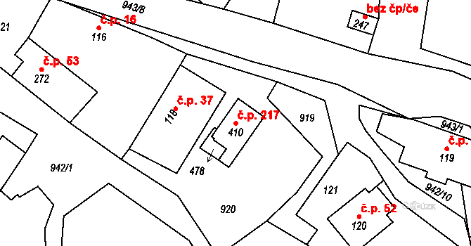 Prosetín 217 na parcele st. 410 v KÚ Prosetín u Hlinska, Katastrální mapa