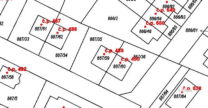 Jirny 489 na parcele st. 887/59 v KÚ Jirny, Katastrální mapa