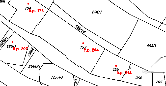 Ryžoviště 204 na parcele st. 133 v KÚ Ryžoviště, Katastrální mapa