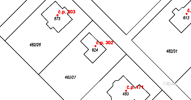 Libeř 302 na parcele st. 624 v KÚ Libeř, Katastrální mapa