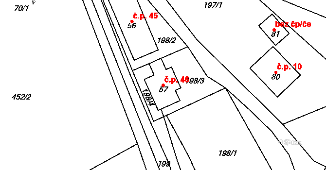 Rovné 46, Bystřice nad Pernštejnem na parcele st. 57 v KÚ Rovné, Katastrální mapa