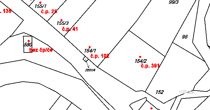 Bystřice pod Lopeníkem 102 na parcele st. 154/1 v KÚ Bystřice pod Lopeníkem, Katastrální mapa