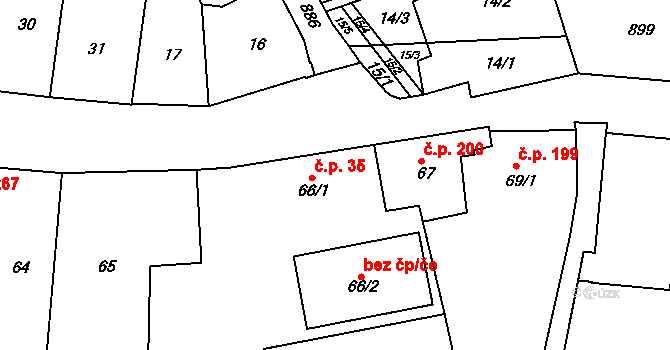 Poběžovice 35 na parcele st. 66/1 v KÚ Poběžovice u Domažlic, Katastrální mapa