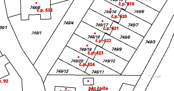 Jakubské Předměstí 523, Jaroměř na parcele st. 749/19 v KÚ Jaroměř, Katastrální mapa