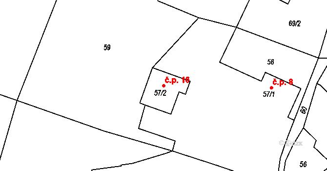 Kleny 16, Provodov-Šonov na parcele st. 57/2 v KÚ Kleny, Katastrální mapa