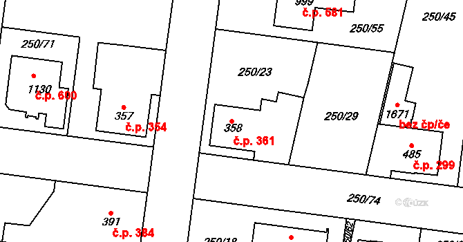 Rosice 361, Pardubice na parcele st. 358 v KÚ Rosice nad Labem, Katastrální mapa