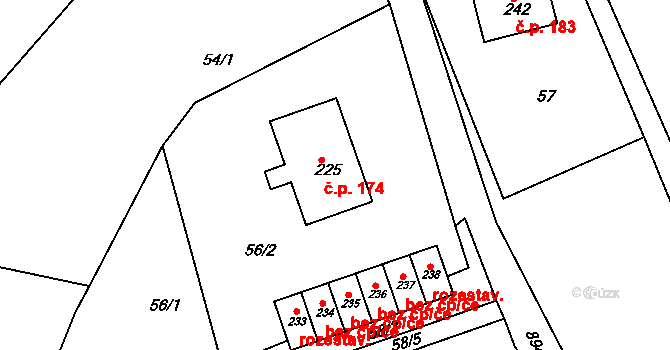Mniší 174, Kopřivnice na parcele st. 225 v KÚ Mniší, Katastrální mapa