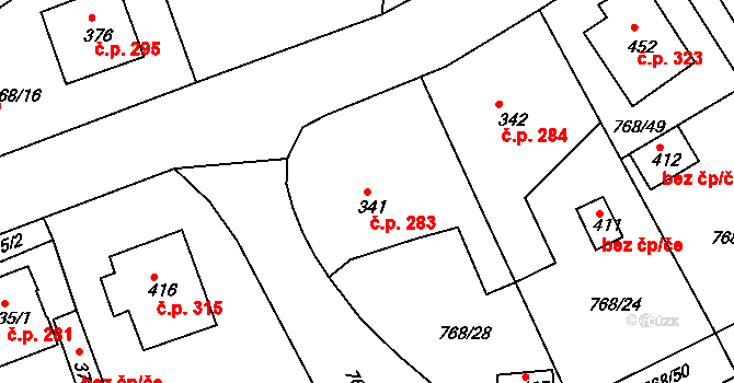 Merklín 283 na parcele st. 341 v KÚ Merklín u Přeštic, Katastrální mapa