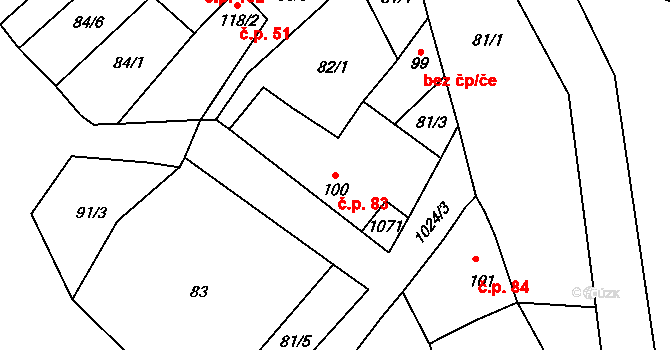 Měcholupy 83 na parcele st. 100 v KÚ Měcholupy u Žatce, Katastrální mapa